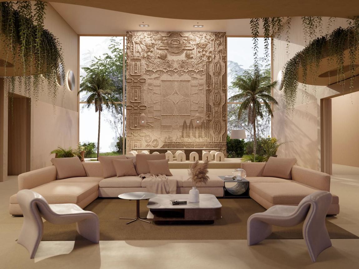The sala, its carved wall and deep seating